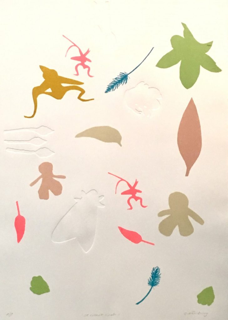 small coloured prints of extinct  plants & fungi on a large white sheet of paper 